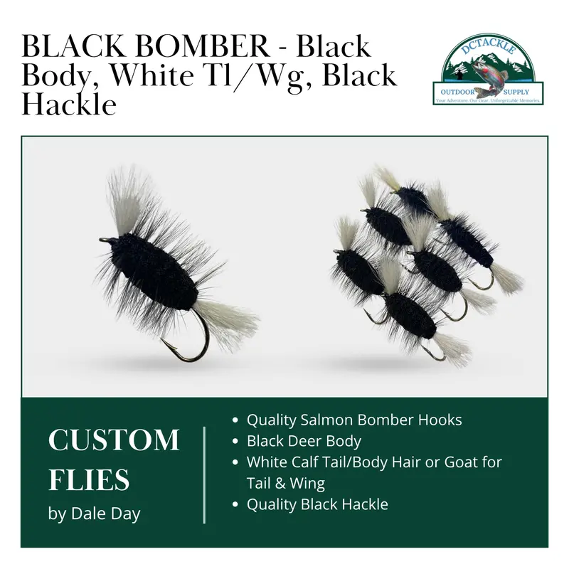 Atlantic Salmon Deer Hair Bomber – Black Dry Fly With White Tail, Wing & Black Hackle 1