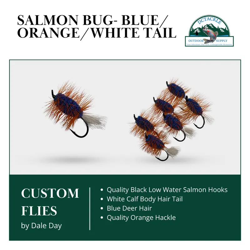 Blue Salmon Bug With White Tail And Orange Hackle 1