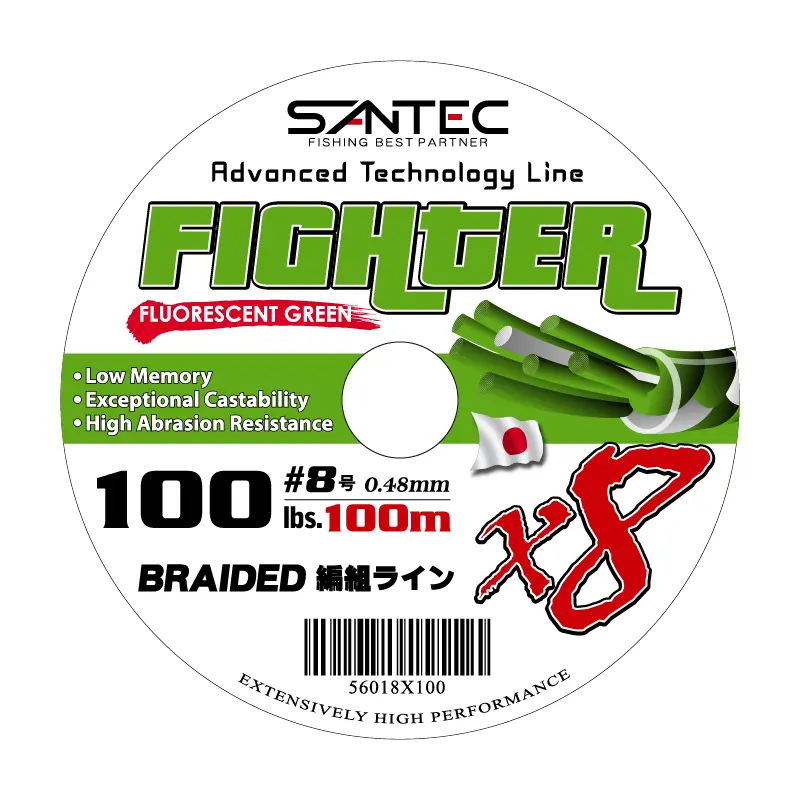 Santec 8X Fighter Braided Fishing Line – 100M Fluorescent Green Spool 1